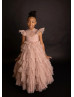 Feifei Sleeves Mauve Pink Pleated Tulle Ruffled Flower Girl Dress